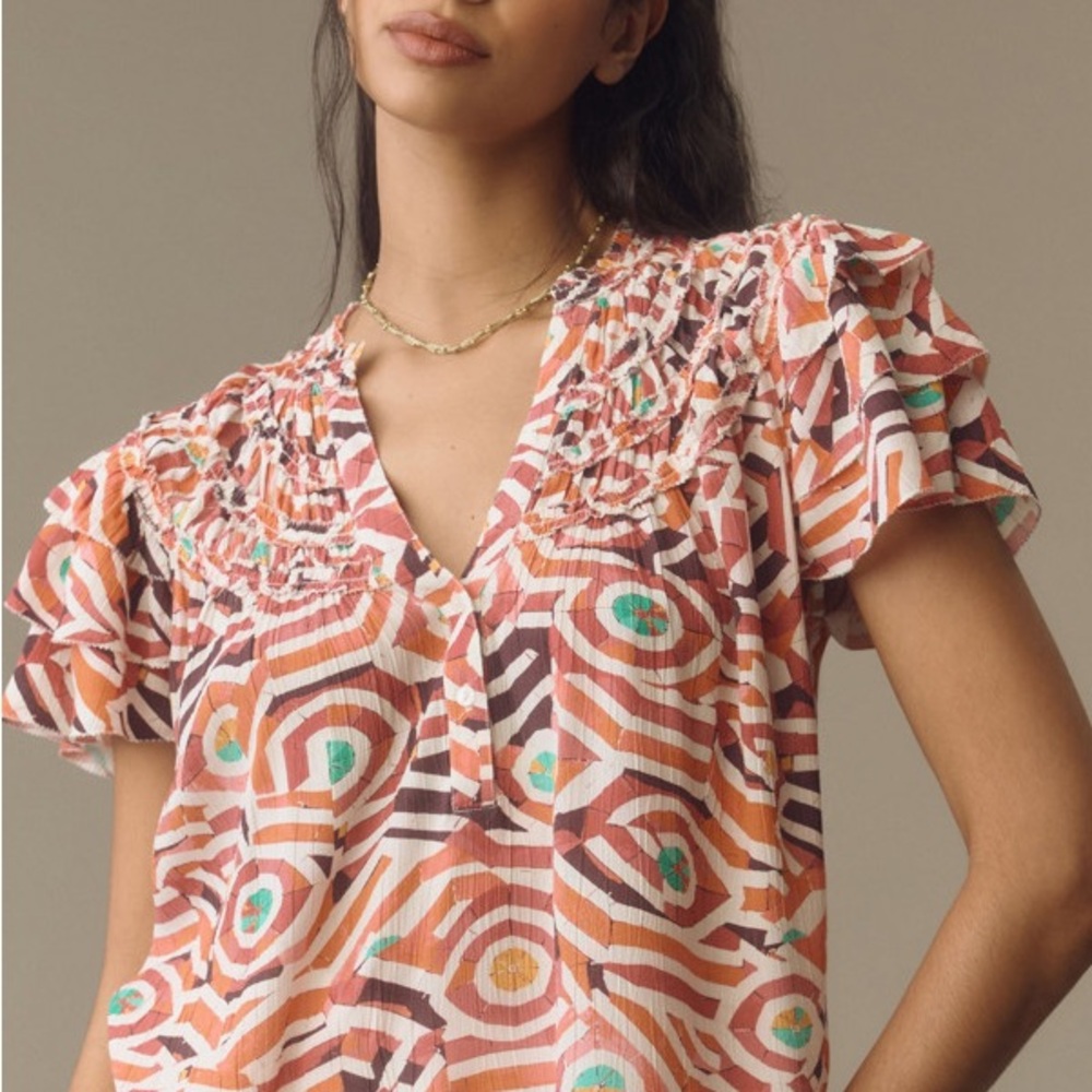 Maeve Short Sleeve Ruffle Yoke Blouse